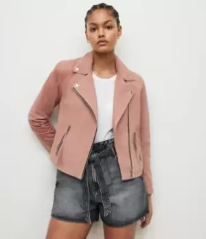 Image of AllSaints Womens Dalby Suede Biker Jacket, Rose Pink, Size: 12