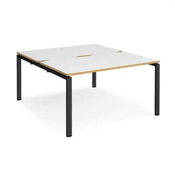 Image of Adapt Bench Desk 2 Person Starter Rectangular Desks 1400mm White/Oak Tops With Black Frames 1600mm Depth Adapt White/Oak E1416-SB-K-WO