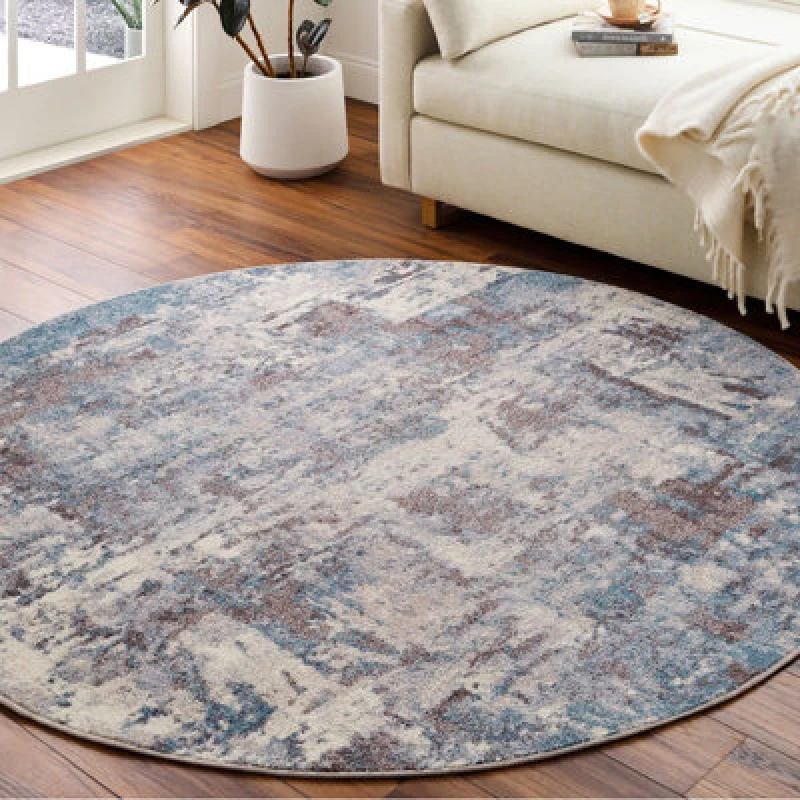 Image of Livabliss Round Abstract Modern Marble Teal Noa Area Rug 160 X 160 Cm - Easy Care, Non Shedding, Ideal For Living Room & Bedroom