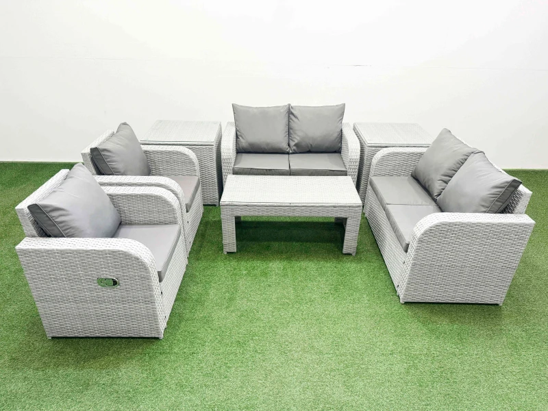 Image of Fimous 6 Seater Outdoor Reclining Chair Love Sofa Set Rattan Garden Furniture Set with Oblong Coffee Table 2 Side Tables Light Grey Light Grey