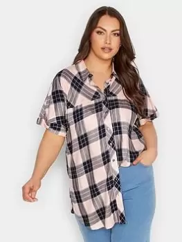 image of Yours Short Sleeve Check Shirt - Pink, Size 22-24, Women