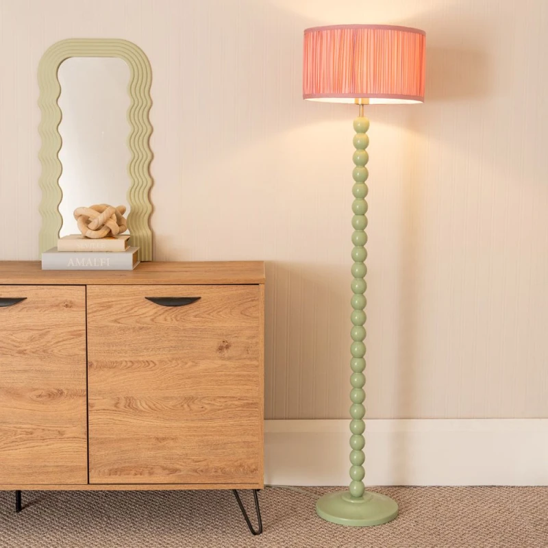 Image of ValueLights Bobbins Sage Green Floor Lamp with Ruched Pleated Drum Lamp Shade Light Pink