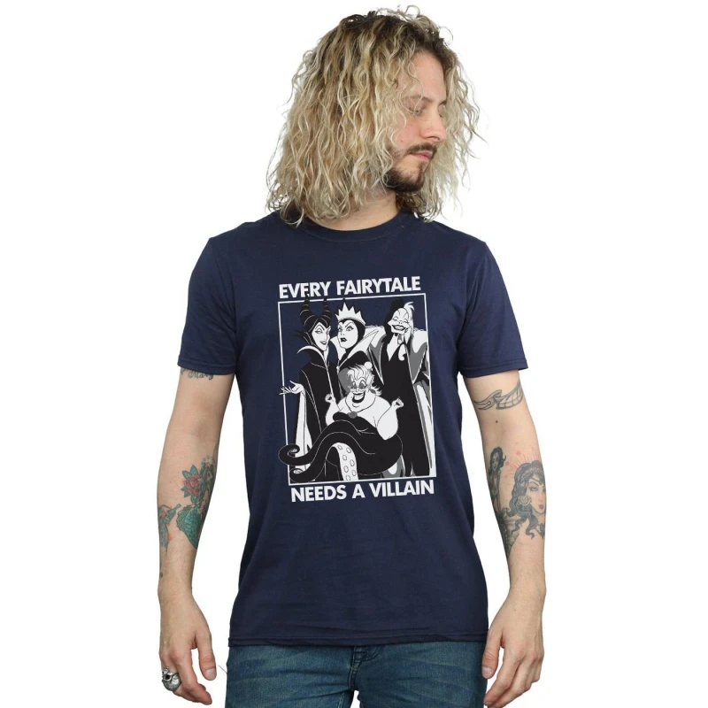 Image of Disney Men Every Fairy Tale Needs A Villain Cotton T-Shirt in Navy Size: Small Navy S Male 5063377479355
