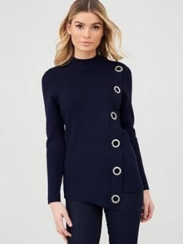 Wallis Eyelet Wrap High Neck Jumper - Navy, Size 14, Women