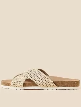 Image of Accessorize Raffia Cross Strap Footbed Sliders - Beige, Beige, Size 37, Women