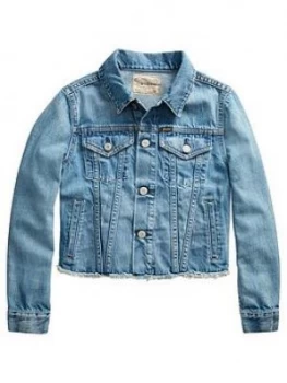 Image of Ralph Lauren Girls Polo Print Denim Jacket - Blue, Size 7 Years, Women