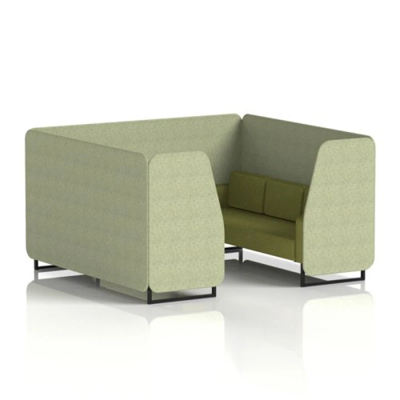 Image of Brixworth 6 Seater Office Booth with Front Panel - Black Legs in Rivet Fabric - Burnish Panels and Olive Sofa