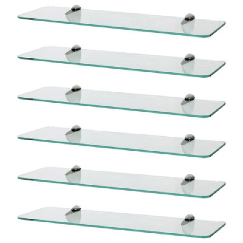 Image of Harbour Housewares 6X Rounded Floating Glass Shelves - 50Cm - Silver Brackets - Bathroom Shower Storage Vanity Display Unit Shelf
