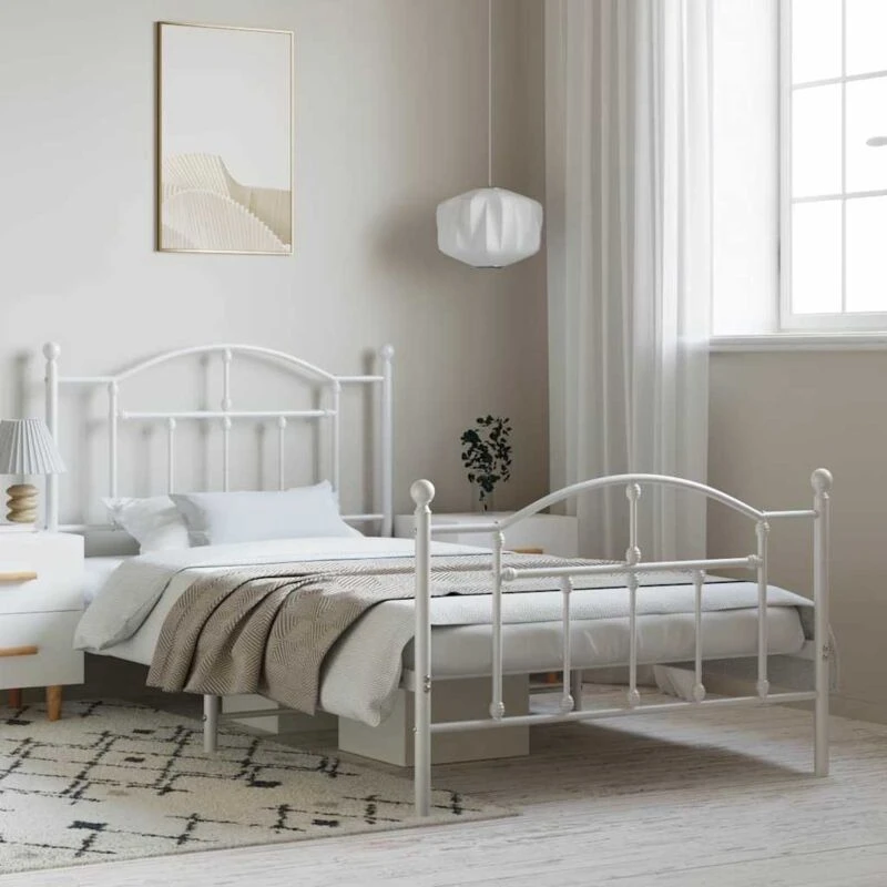 Image of Vidaxl Metal Bed Frame Without Mattress With Footboard White 100X190 Cm, White 353500