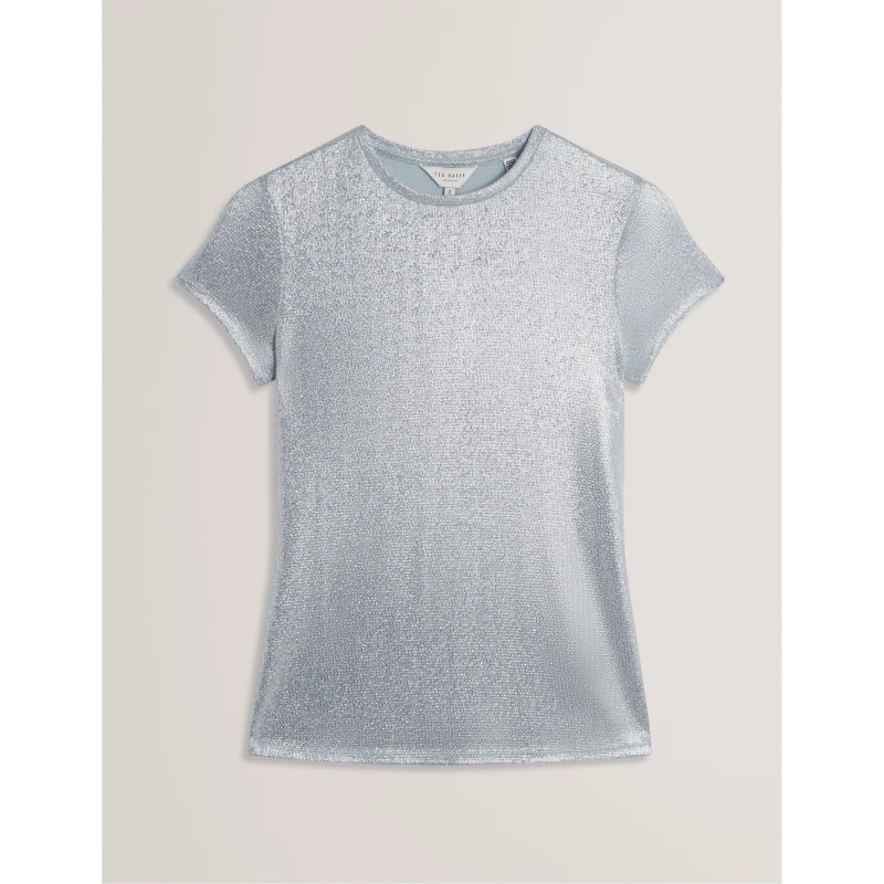 Image of Ted Baker Womens Metallic Short Sleeve Slim Fit T-Shirt Blue female 8 (XS)