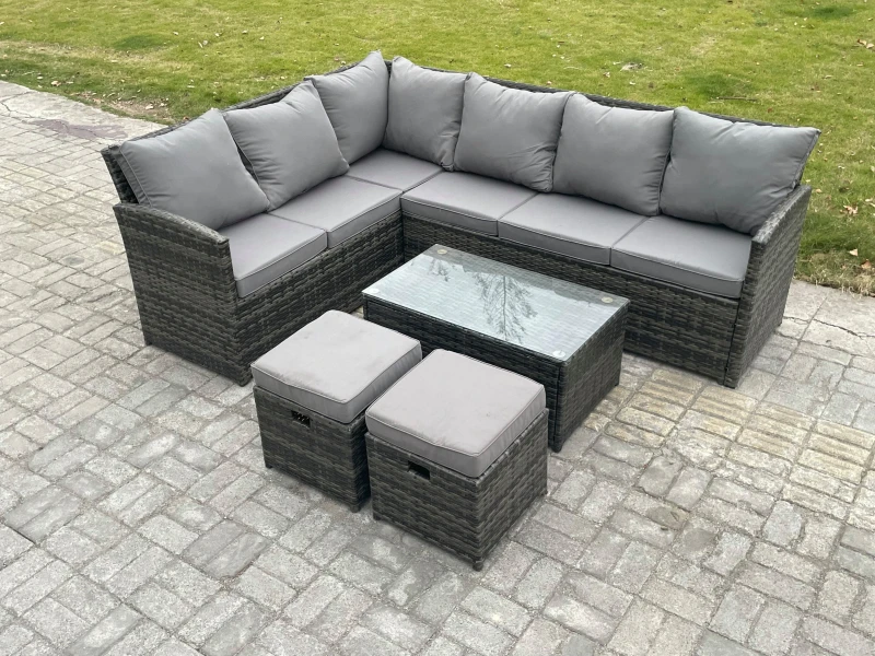Image of Fimous Rattan Lounge Corner Sofa Set Wicker Outdoor Garden Furniture Set with Rectangular Coffee Table 2 Small Footstools Dark Grey