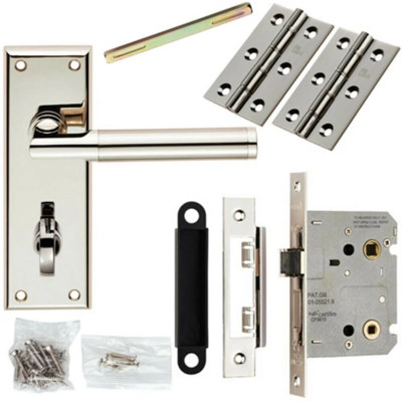Image of Loops Door Handle & Bathroom Lock Pack Polished & Satin Nickel Mitred Lever Backplate Metallics