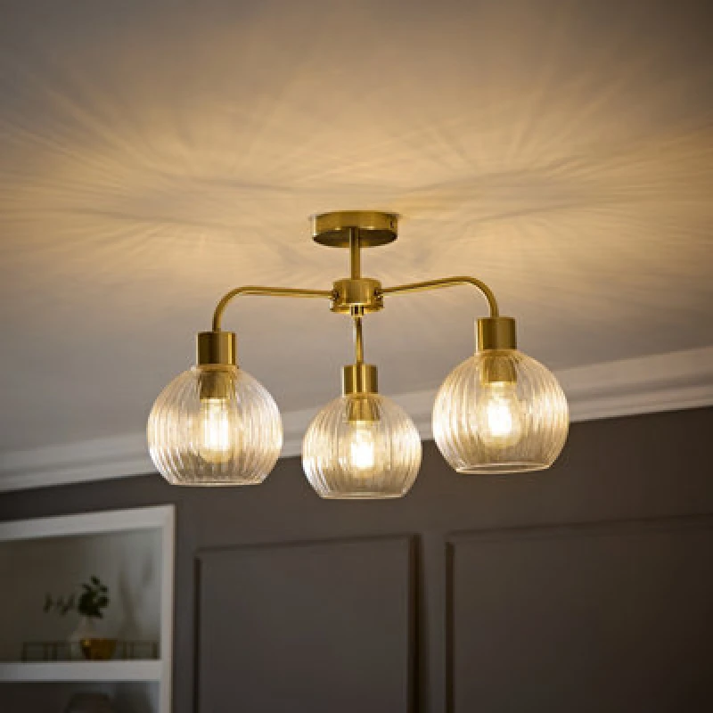 Image of Valuelights Maddison Clear Ribbed Glass Globe Shades Brushed Gold 3 Arm Ceiling Light