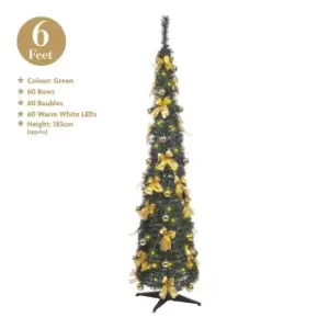 image of Christmas Workshop 6ft Pop-up Slim Xmas Tree with Bows, 60 LED Lights & 60 Baubles - Green