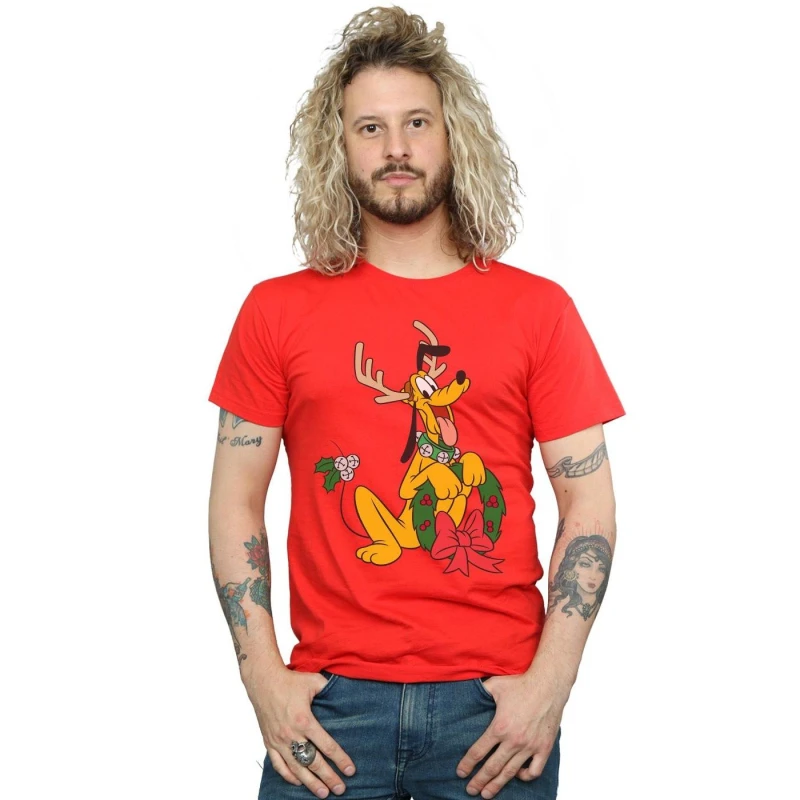 Image of Disney Men Pluto Christmas Reindeer T-Shirt in Red Size: Small Red S Male 5059400324495