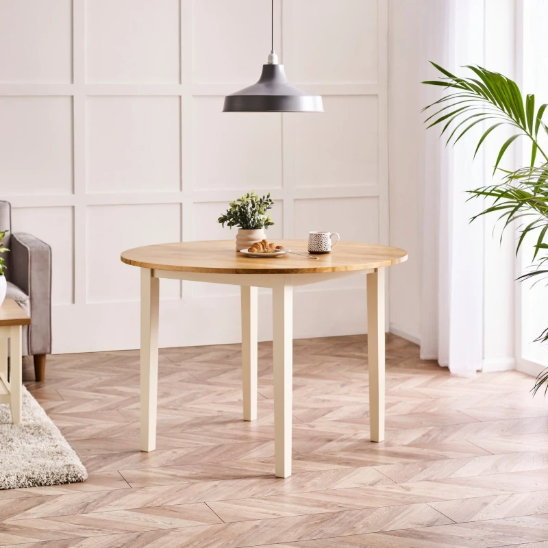 Image of FurnitureboxUK FurnitureboxUK Salcombe Round 4-Seater Solid Wood Dining Table In Cream with Oak Colour Top Cream One Size Unisex 5056542693120