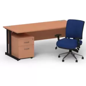 Image of Impulse 1600/800 Black Cant Desk Beech + 2 Dr Mobile Ped & Chiro Med Back Blue W/Arms