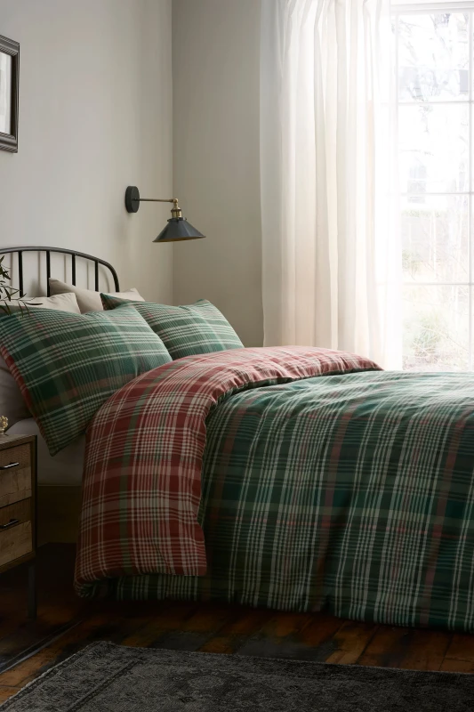 Image of Dreams & Drapes 'Bennet Check' Brushed Cotton Duvet Cover Set in Green Size: Double Green Unisex Double
