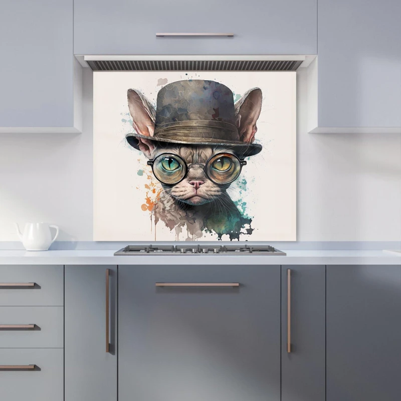 Image of Warren Reed - Designer Devon Rex Cat With Glasses Splashart Kitchen Splashback Size: 600mm x 750mm Multicolor Unisex 600mm x 750mm