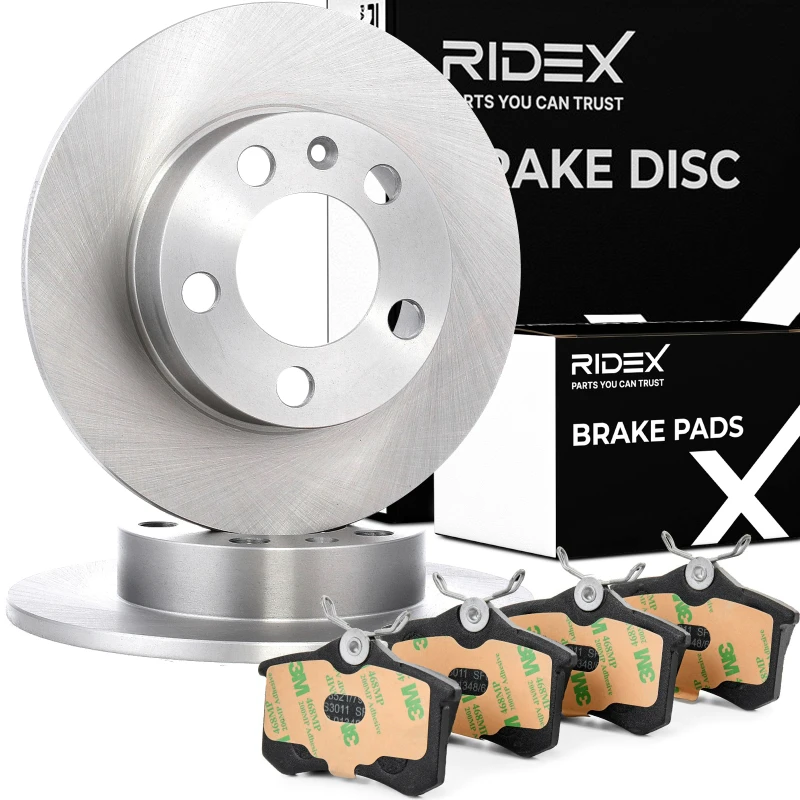 Image of RIDEX 3405B1149 Brake disc and pads set Rear Axle, Brake Disc Type: Solid, excl. wear warning contact, with anti-squeak plate Brake Set,disc brakes (