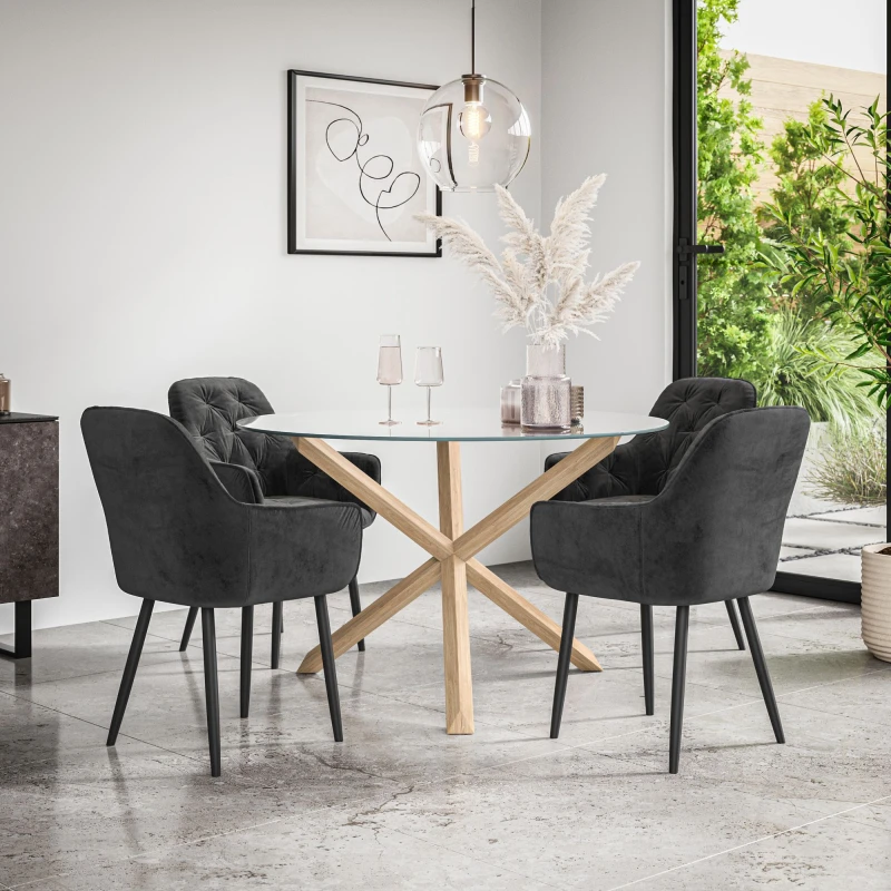 Image of More4Homes Malvern Round Dining Table And Chairs - Clear Glass Table Top W Solid Oak Legs + Anika Velvet Dining Chair Set Of 4 (Black)