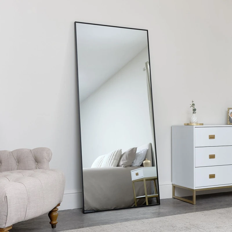 Image of Melody Maison Large Black Thin Framed Leaner Mirror 80cm X 180cm Black