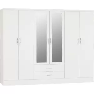 image of Seconique - Nevada 6 Door 2 Drawer Mirrored Wardrobe in White Gloss Finish