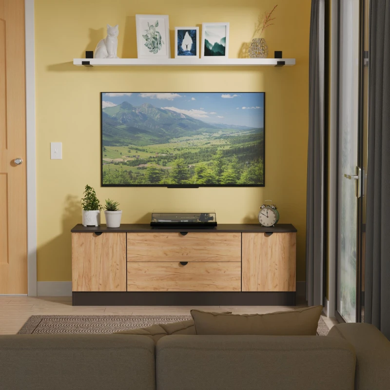 Image of Welcome Furniture Ltd Bora 2 Door 2 Drawer Wide TV Unit in Gold Craft Oak & Graphite - Ready Assembled, Grey BOP211GCGB