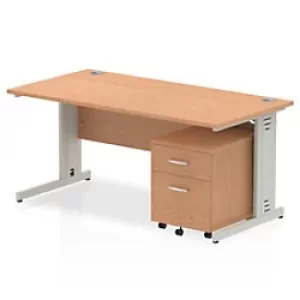 image of Dynamic Rectangular Straight Desk Oak MFC Cable Managed Cantilever Leg Silver Frame Impulse 1 x 2 Drawer Mobile Pedestal Bundle 1600 x 800 x 730mm