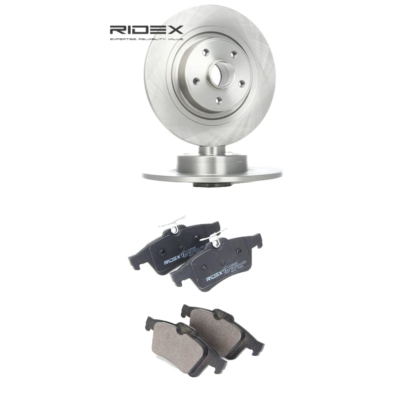 Image of RIDEX 3405B3324 Brake disc and pads set Rear Axle, Brake Disc Type: Solid, excl. wear warning contact Brake Set,disc brakes (3405)