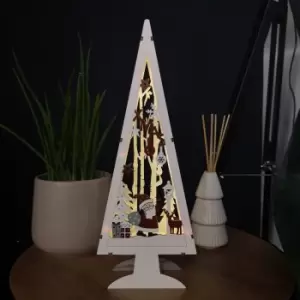 Image of 35cm Battery Operated Wooden Lit Tree with Santa Scene Christmas Decoration