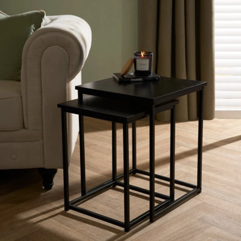 Image of OHS OHS Nest of Tables Square Wood Top Modern End Side Living Room Set of 2 in Black One Size Unisex 5027434215232