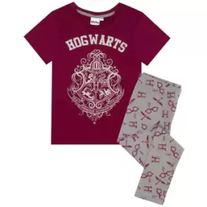 Image of Harry Potter Girls Hogwarts Crest Pyjama Set (13-14 Years) (Maroon/Grey)