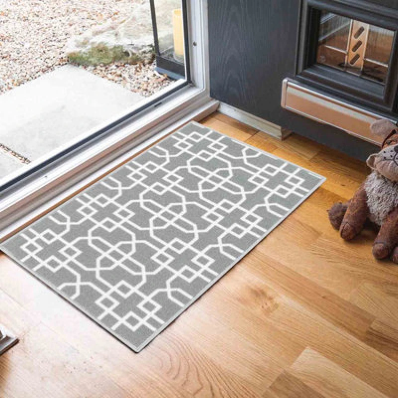Image of Machine Washable Cubed Trellis Design Anti Slip Doormats Grey Cream 40X60 Cm
