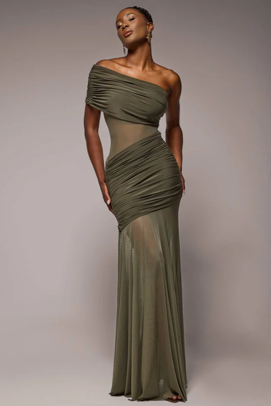 Image of Goddiva Womens Gathered One Shoulder Sheer Panel Maxi Dress in Khaki Size: 8 Khaki Female 8