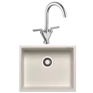 image of Enza Single Bowl White Undermount Granite Kitchen Sink & Kitchen Mixer Tap in Chrome