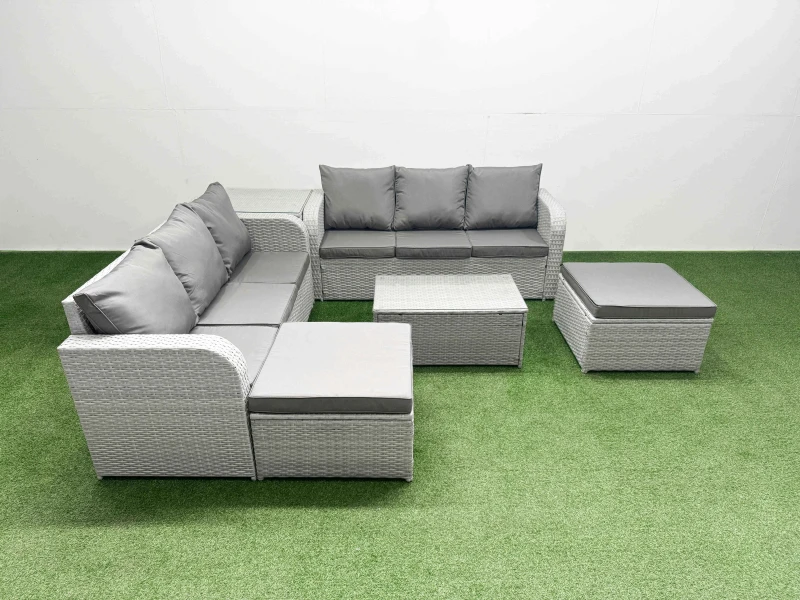 Image of Fimous Outdoor Garden Furniture Sets 8 Seater Wicker Rattan Furniture Sofa Sets with Rectangular Coffee Table high Back Lounge Sofa 2 Big Footstool Si
