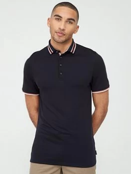 Image of Ted Baker Short Sleeved Polo Shirt with Striped Collar - Navy, Size 3, Men