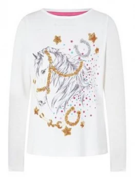 Monsoon Girls S.E.W. Horse Sequin Top - Ivory, Size Age: 5-6 Years, Women