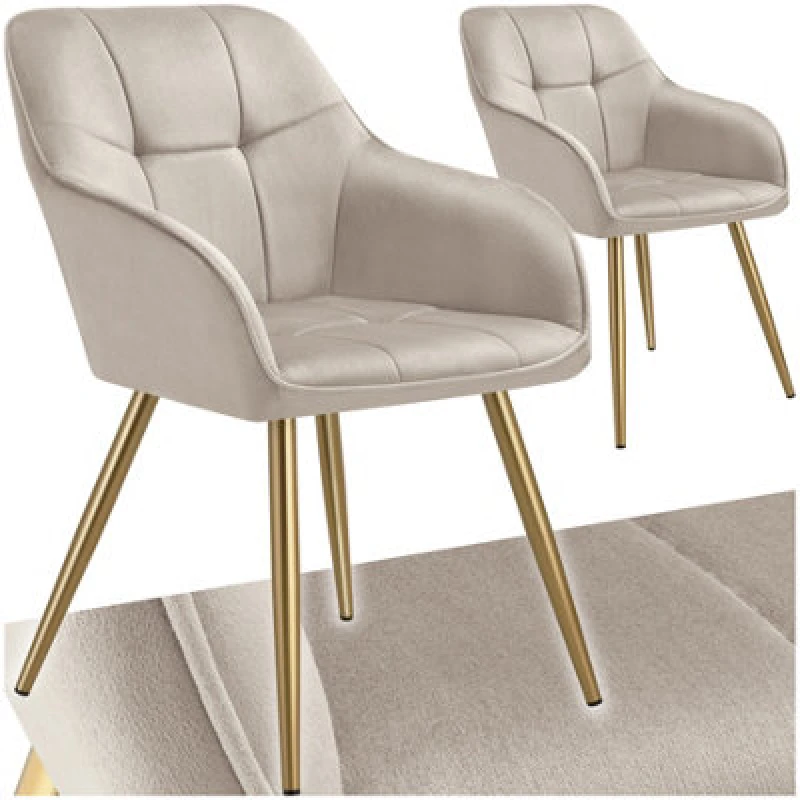 Image of Tectake Set Of 2 Chair Marilyn - Quilted Velvet Look, Continuous Backrest, Golden Steel Legs - Taupe/gold