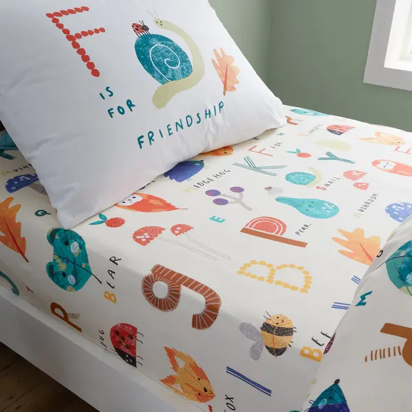 Image of RHS Woodland Alphabet Natural Fitted Sheet Natural