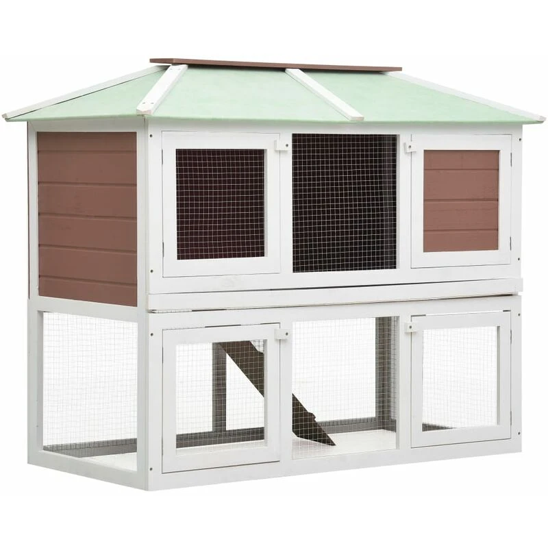 Image of vidaXL Animal Rabbit Cage Double Floor Brown Wood Pet Habitat Hutch Carrier