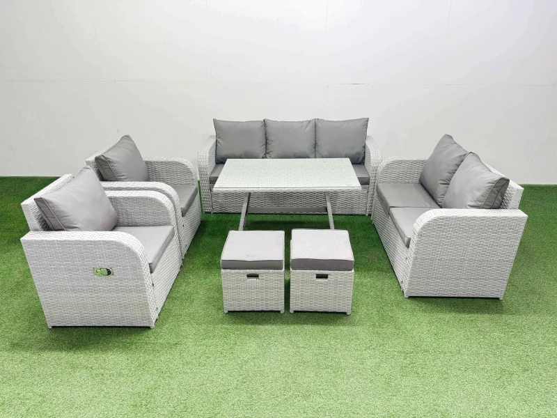 Image of Fimous Outdoor Rectangular Table Sofa Set with Reclining Chair 2 Small Stool in Light Grey Light Grey Unisex