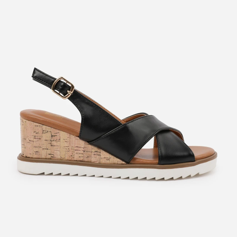 Image of Where's That From 'Nala' Cross Over Strap Detail Wedge Shoes With Buckle Closure Black