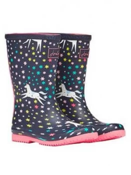Image of Joules Girls Unicorn Roll Up Wellies - Navy, Size 9 Younger