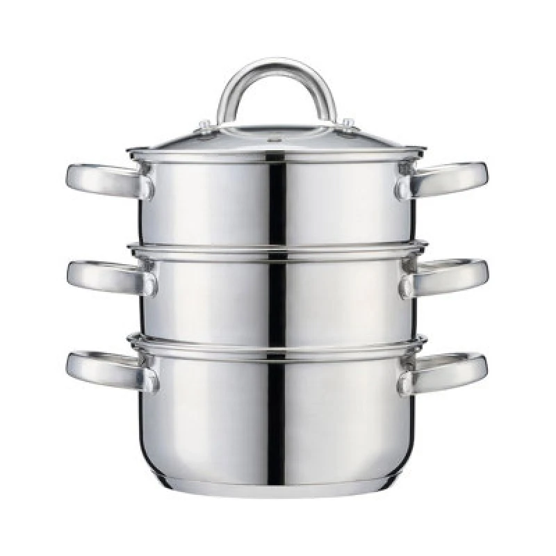 Image of Cooks Professional 3 Tier Stainless Steel Steamer Pan - Suitable For All Hobs Inc Induction - Dishwasher Safe - 16Cm Diameter