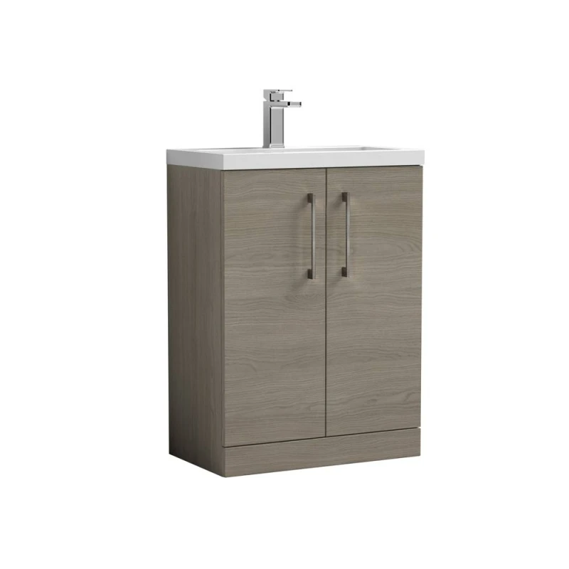 Image of Balterley Level Compact Bathroom Cloakroom Vanity Basin Unit With Ceramic Basin, Brushed Pewter Handles, 600mm, Mid Oak