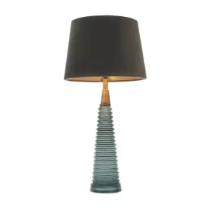 image of Naia Table Lamp Teal Ribbed Glass, Antique Brass Effect Plate, Mocha Velvet Shade