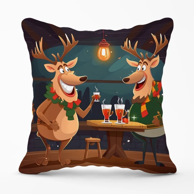 Image of Warren Reed - Designer Reindeers Having A Beer Cushions Size: 60cm x 60cm Multicolor Unisex 60cm x 60 cm