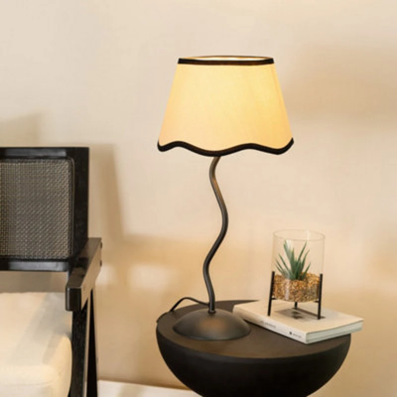 Image of ValueLights Wiggle Black Metal Stem Table Lamp with Linen Scallop Trim Tapered Lamp Shade Black